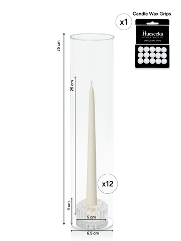 Ivory 25cm Taper Candles with Bella Vintage Glass Holders and Glass Sleeves - Set of 12 Pack of 12