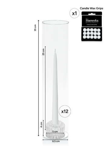 White 25cm Taper Candles with Bella Vintage Glass Holders and Glass Sleeves - Set of 12 Pack of 12