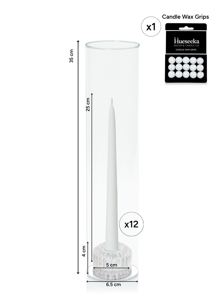 White 25cm Taper Candles with Bella Vintage Glass Holders and Glass Sleeves - Set of 12 Pack of 12