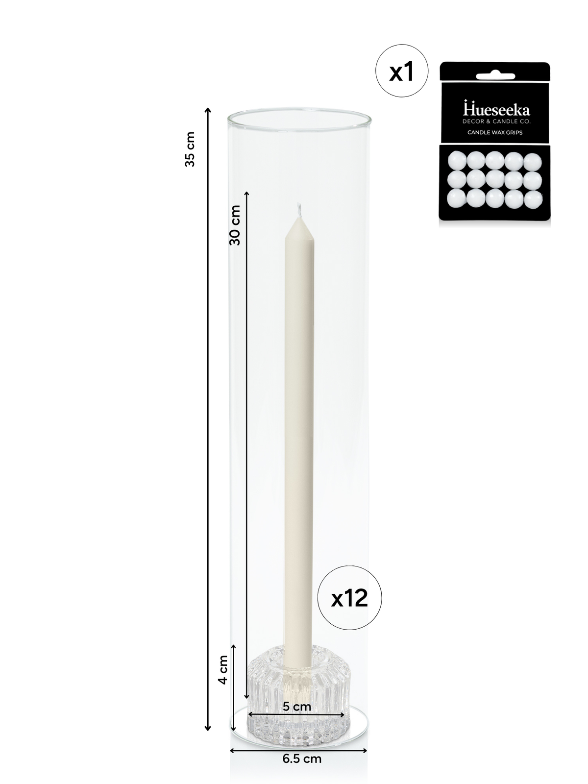 Ivory 30cm Dinner Candles with Bella Vintage Glass Holders and Glass Sleeves - Set of 12