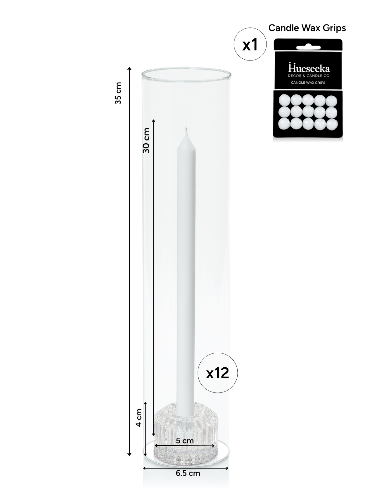 White 30cm Dinner Candles with Bella Vintage Glass Holders and Glass Sleeves - Set of 12