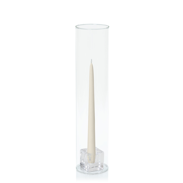 Ivory 25cm Taper Candles with Small Glass Holders and Sleeves - Set of 12 Pack of  12