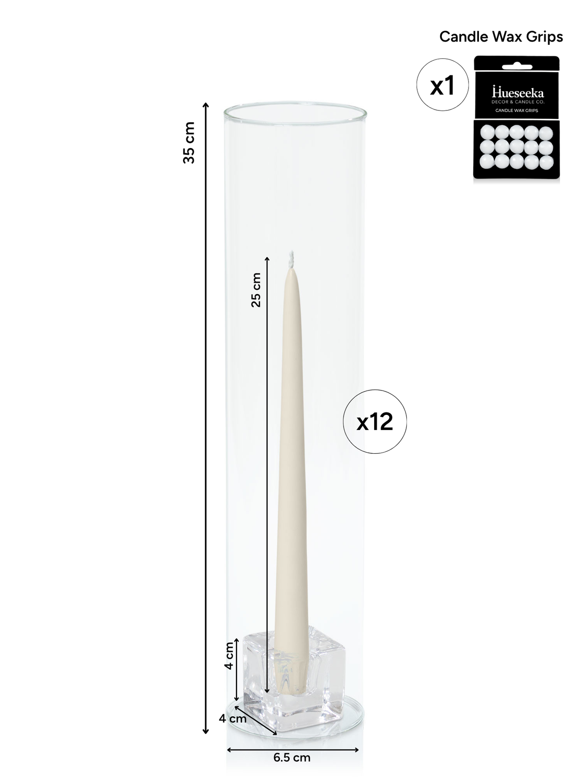 Ivory 25cm Taper Candles with Small Glass Holders and Sleeves - Set of 12 Pack of  12