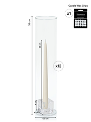 Ivory 25cm Taper Candles with Small Glass Holders and Sleeves - Set of 12 Pack of  12