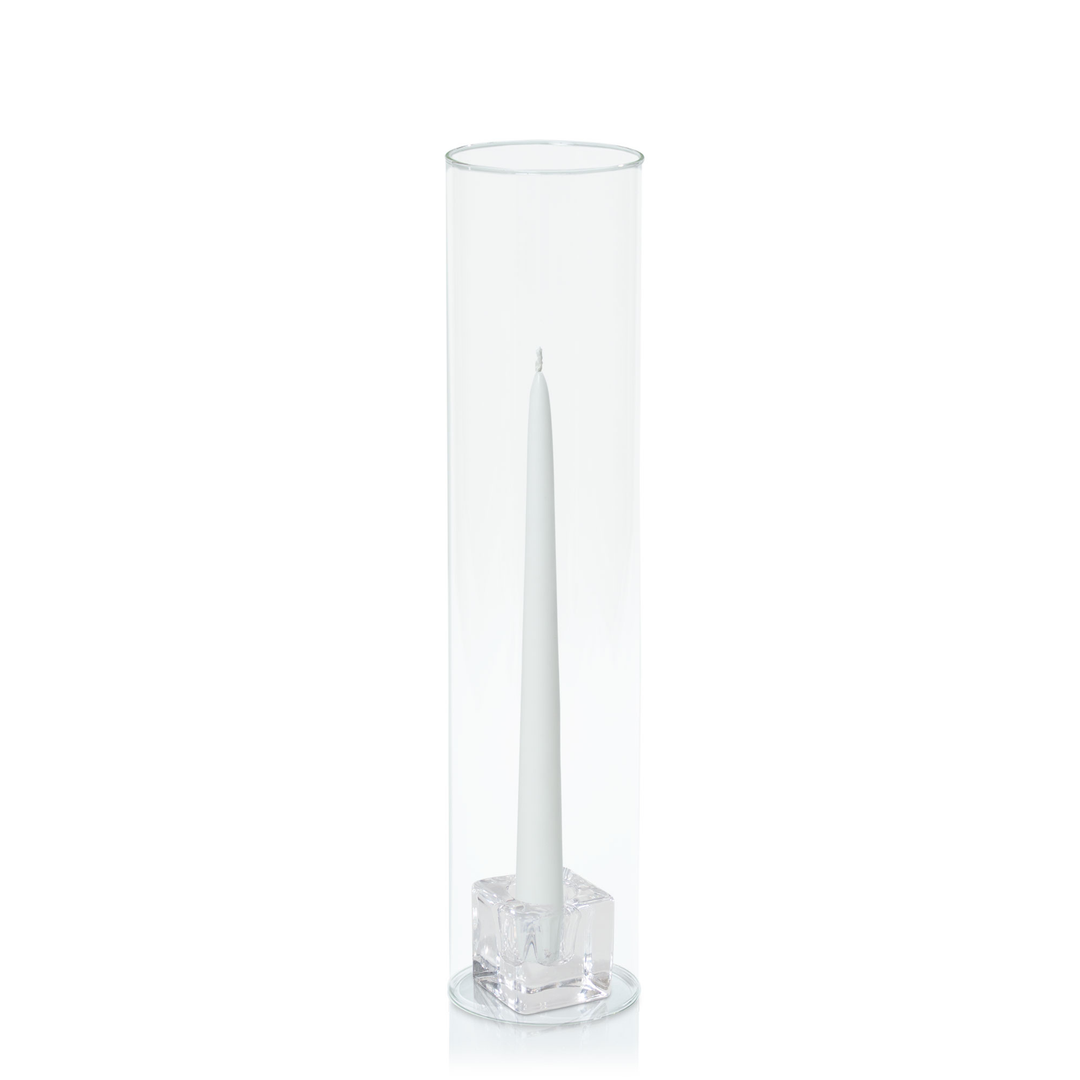 White 25cm Taper Candles with Small Glass Holders and Sleeves - Set of 12 Pack of 12