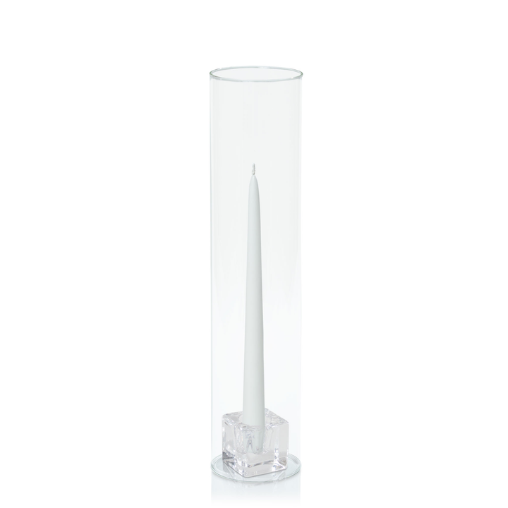 White 25cm Taper Candles with Small Glass Holders and Sleeves - Set of 12 Pack of 12