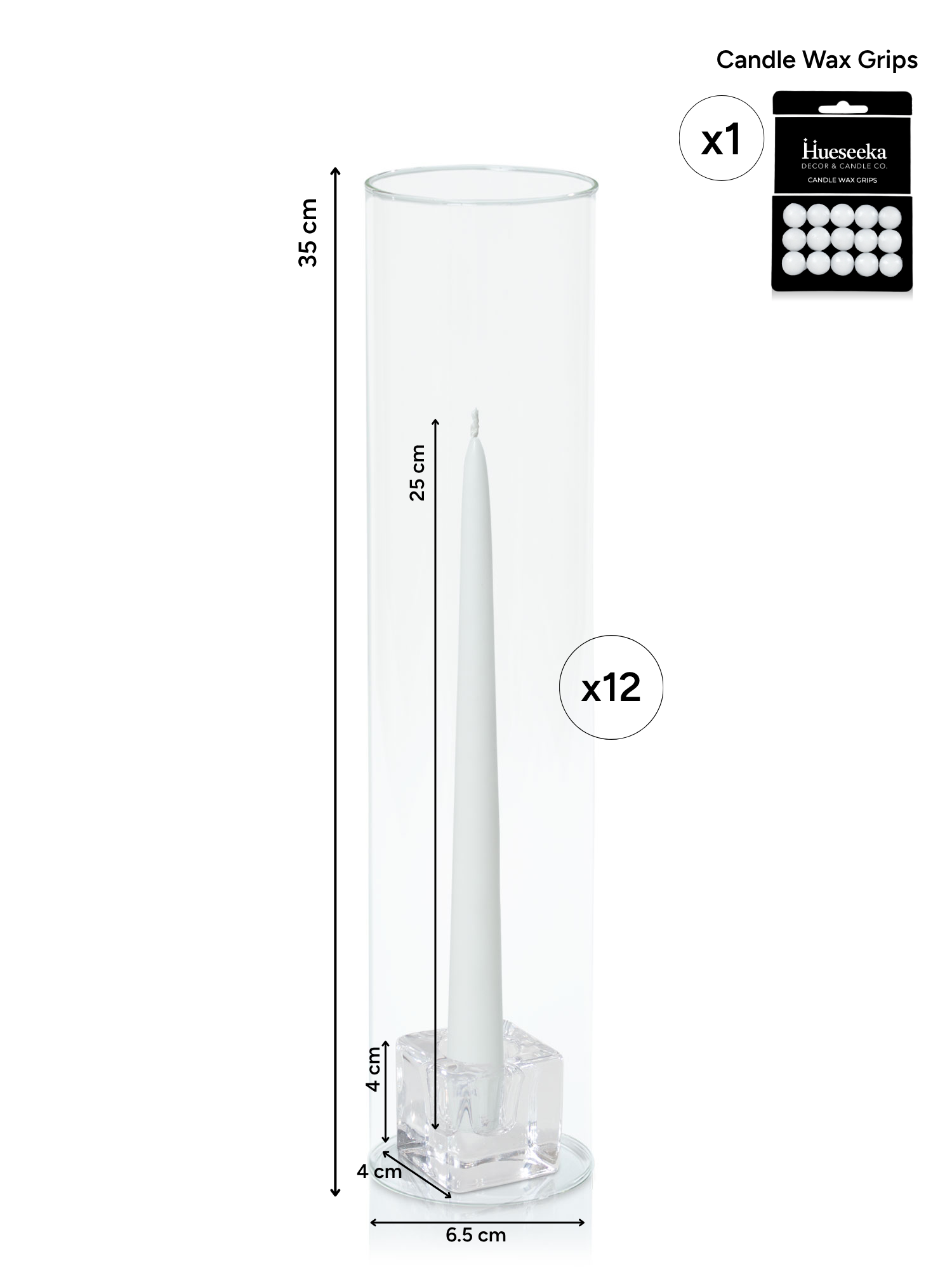 White 25cm Taper Candles with Small Glass Holders and Sleeves - Set of 12 Pack of 12
