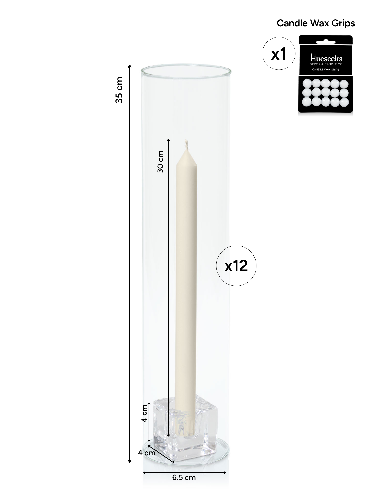 Ivory 30cm Dinner Candles with Small Glass Holders and Sleeves - Set of 12 Pack of  12