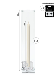Ivory 30cm Dinner Candles with Small Glass Holders and Sleeves - Set of 12 Pack of  12