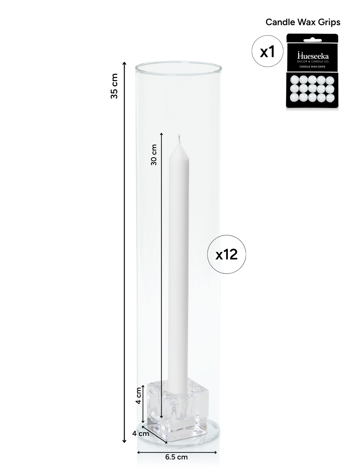 White 30cm Dinner Candles with Small Glass Holders and Sleeves - Set of 12 Pack of 12