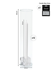White 30cm Dinner Candles with Small Glass Holders and Sleeves - Set of 12 Pack of 12