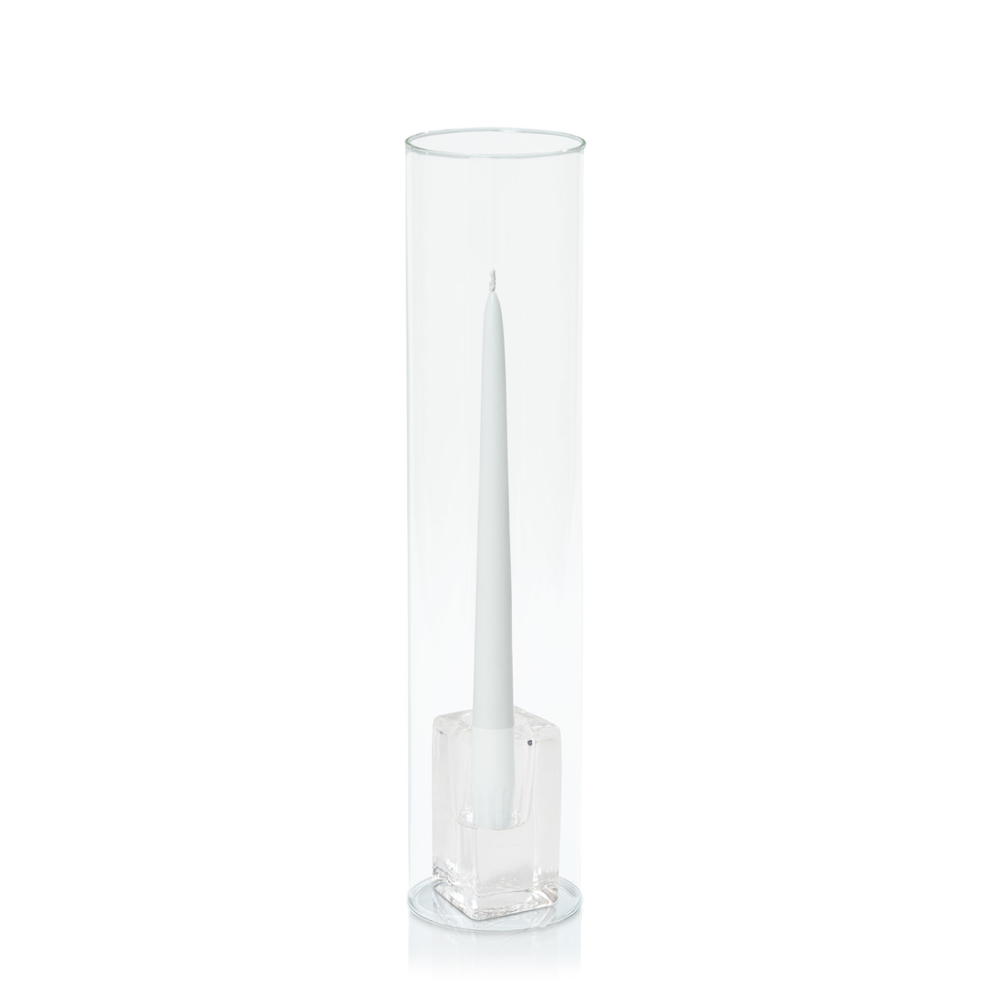 White 25cm Taper Candles with Large Glass Holders and Sleeves - Set of 12 Pack of 12