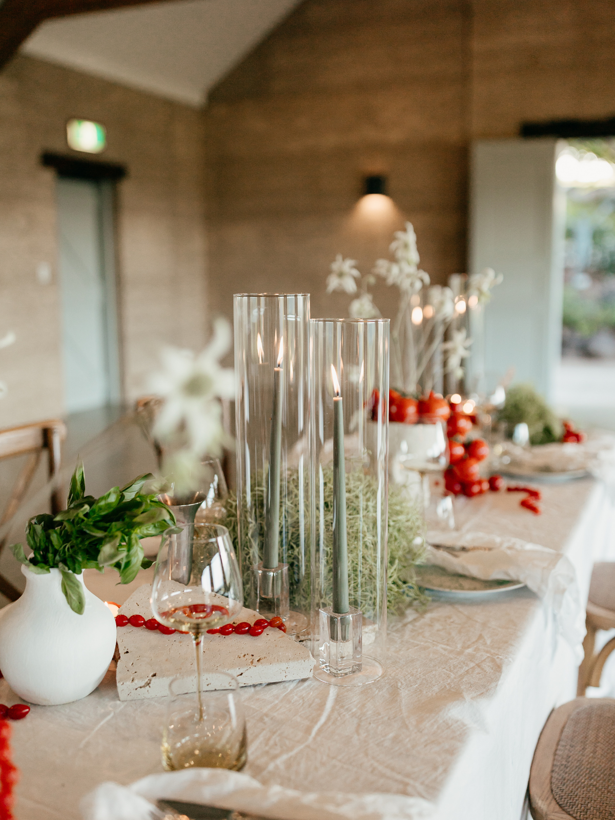 White 30cm Dinner Candles with Medium Glass Holders and Sleeves - Set of 12