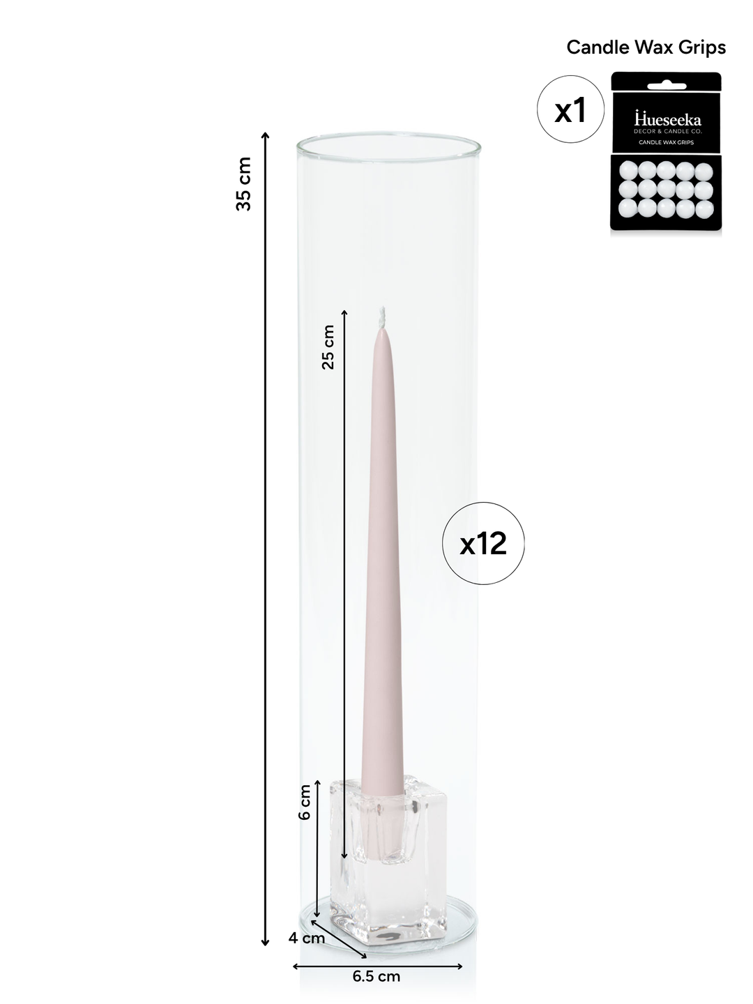 Antique Pink 25cm Taper Candles with Medium Glass Holders and Sleeves - Set of 12 Pack of  12