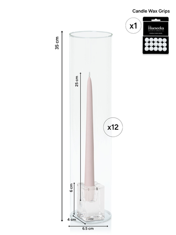 Antique Pink 25cm Taper Candles with Medium Glass Holders and Sleeves - Set of 12 Pack of  12