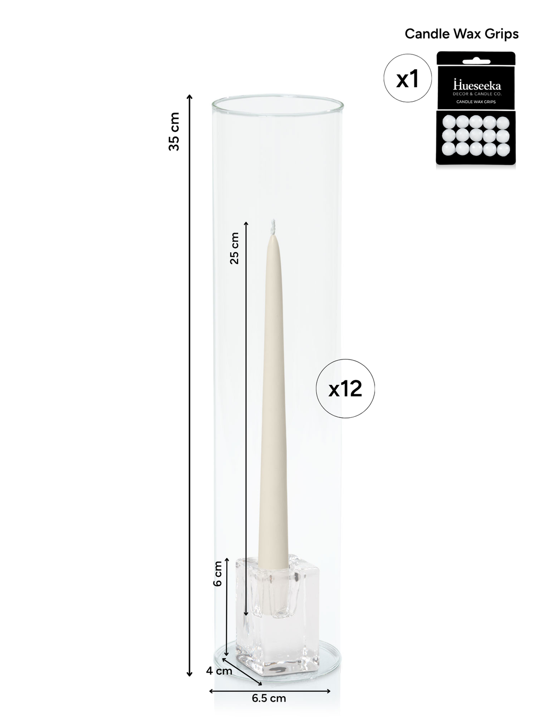 Ivory 25cm Taper Candles with Medium Glass Holders and Sleeves - Set of 12 Pack of  12