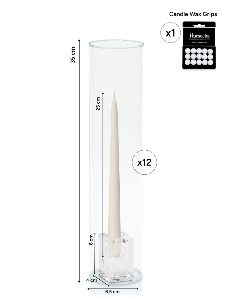 Ivory 25cm Taper Candles with Medium Glass Holders and Sleeves - Set of 12 Pack of  12