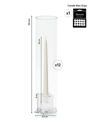 Ivory 25cm Taper Candles with Medium Glass Holders and Sleeves - Set of 12 Pack of  12