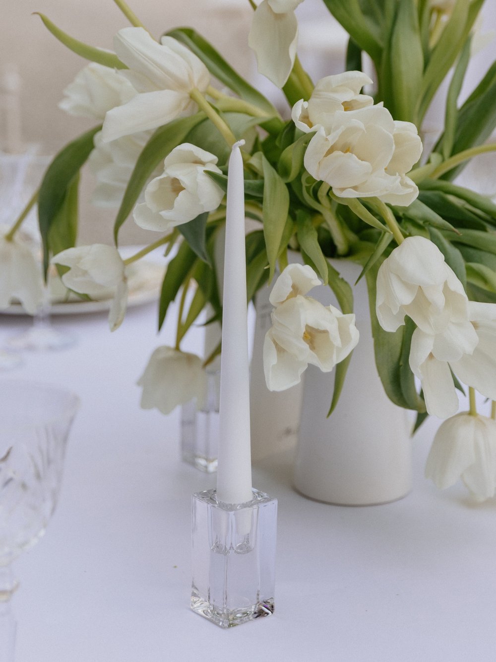 White 25cm Taper Candles with Medium Glass Holders and Sleeves - Set of 12 Pack of 12