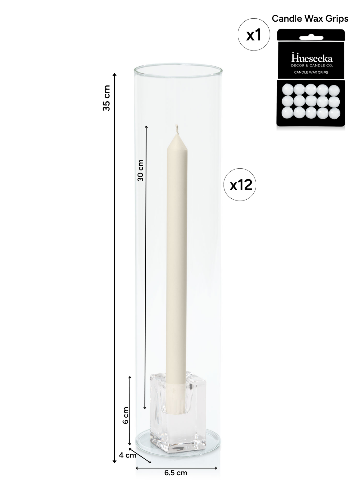 Ivory 30cm Dinner Candles with Medium Glass Holders and Sleeves - Set of 12