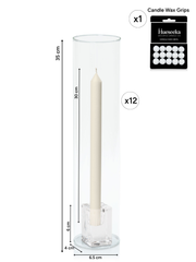 Ivory 30cm Dinner Candles with Medium Glass Holders and Sleeves - Set of 12