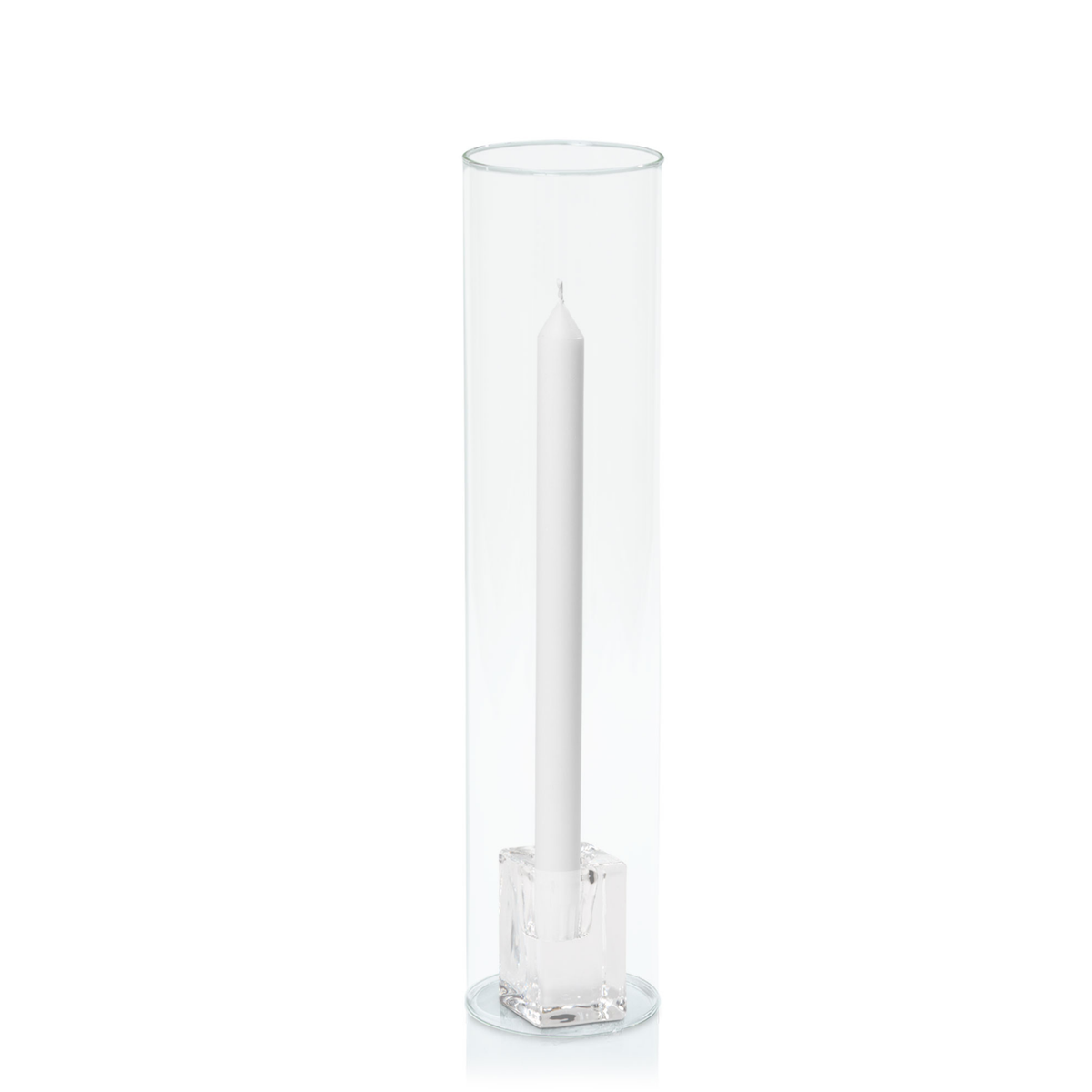 White 30cm Dinner Candles with Medium Glass Holders and Sleeves - Set of 12
