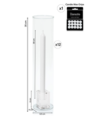 White 30cm Dinner Candles with Medium Glass Holders and Sleeves - Set of 12