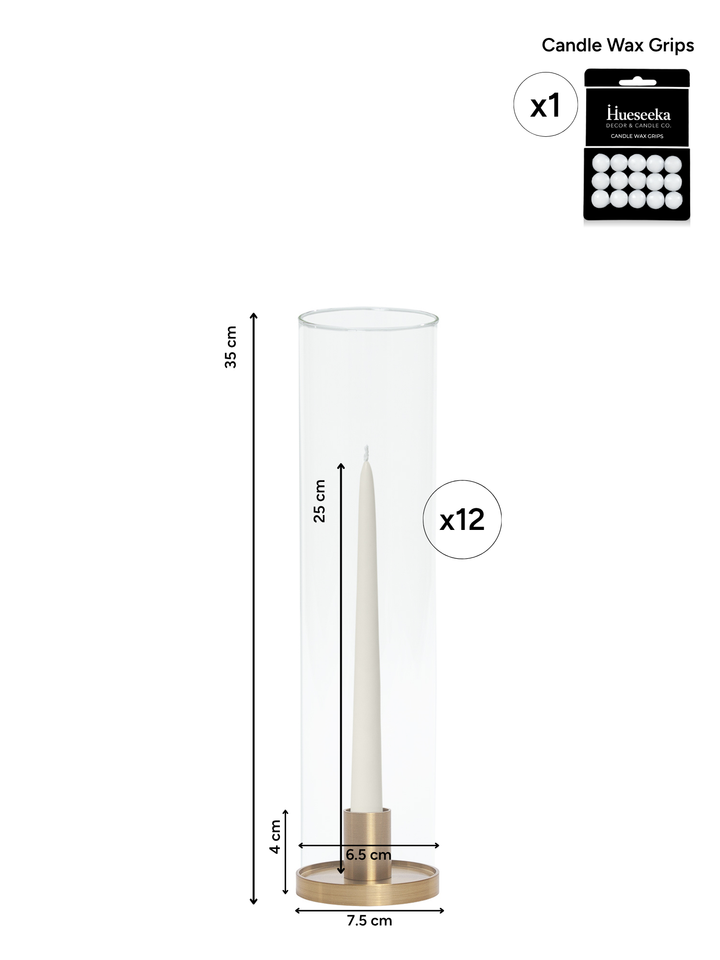 Ivory 25cm Taper Candles with Small Gold Maya Metal Holders and Glass Sleeves - Set of 12 Pack of 12