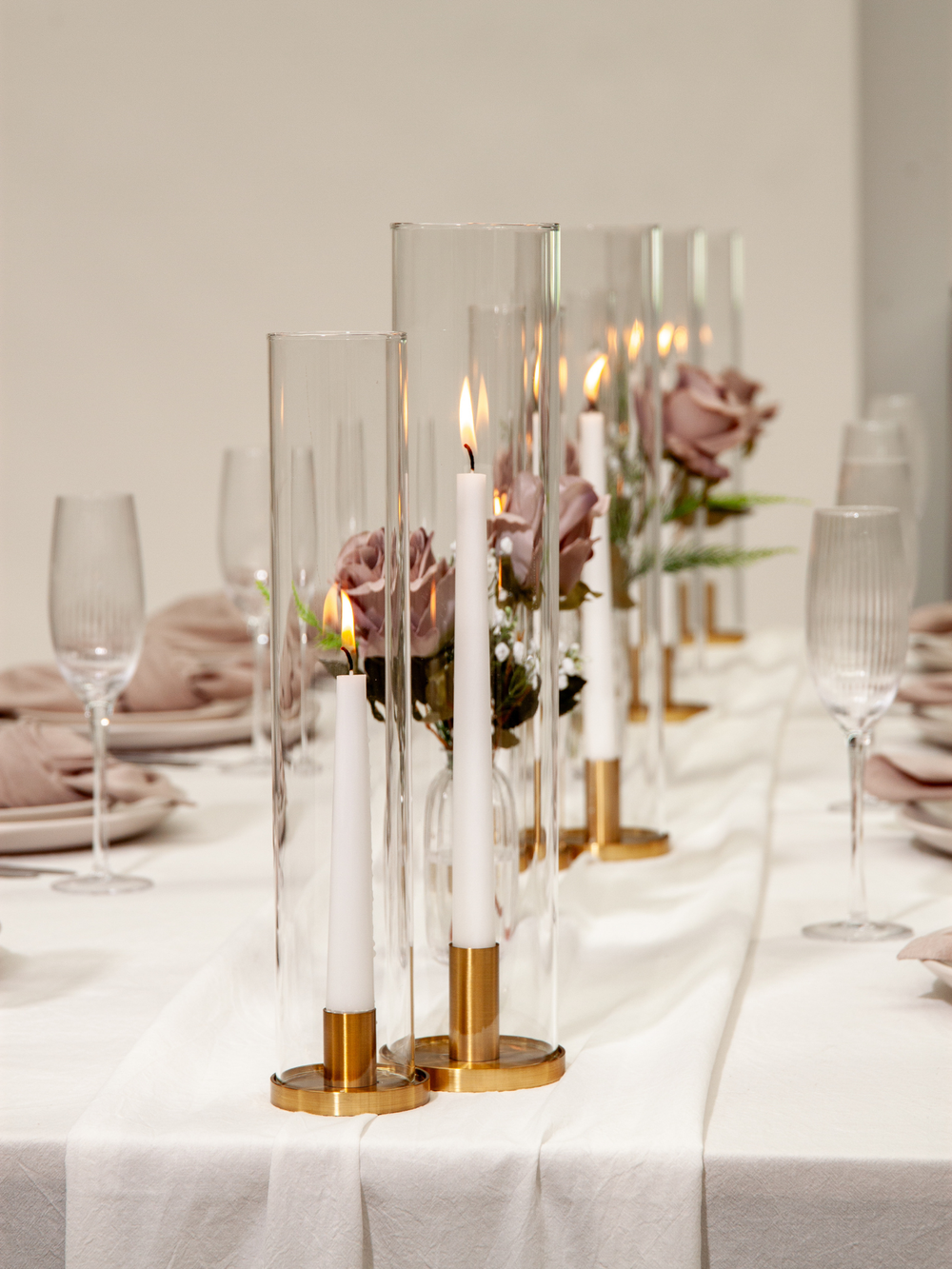 White 25cm Taper Candles with Small Gold Maya Metal Holders and Sleeves - Set of 12 Pack of 12