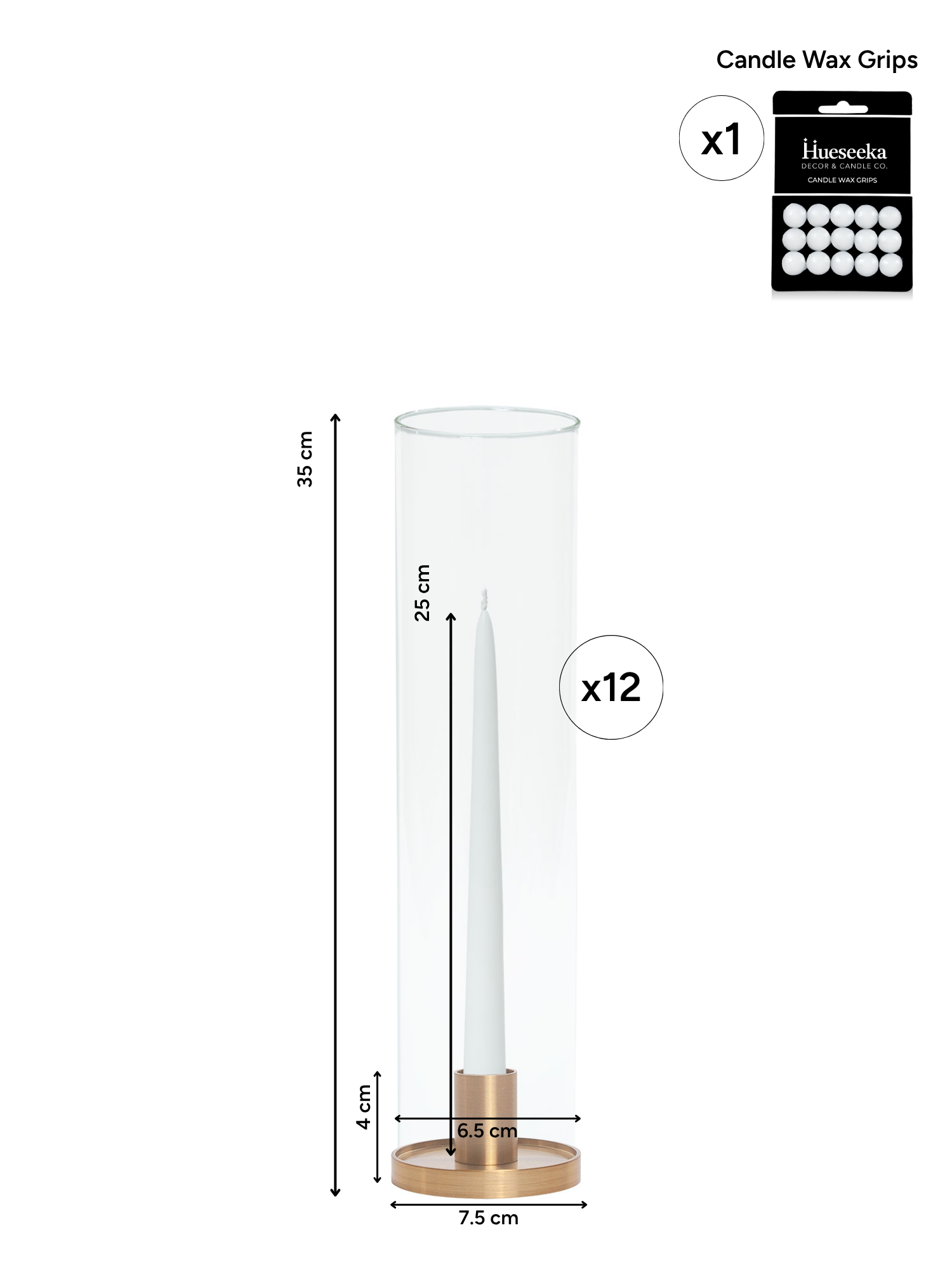 White 25cm Taper Candles with Small Gold Maya Metal Holders and Sleeves - Set of 12 Pack of 12