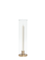 Ivory 30cm Dinner Candles with Small Gold Maya Metal Holders and Glass Sleeves - Set of 12