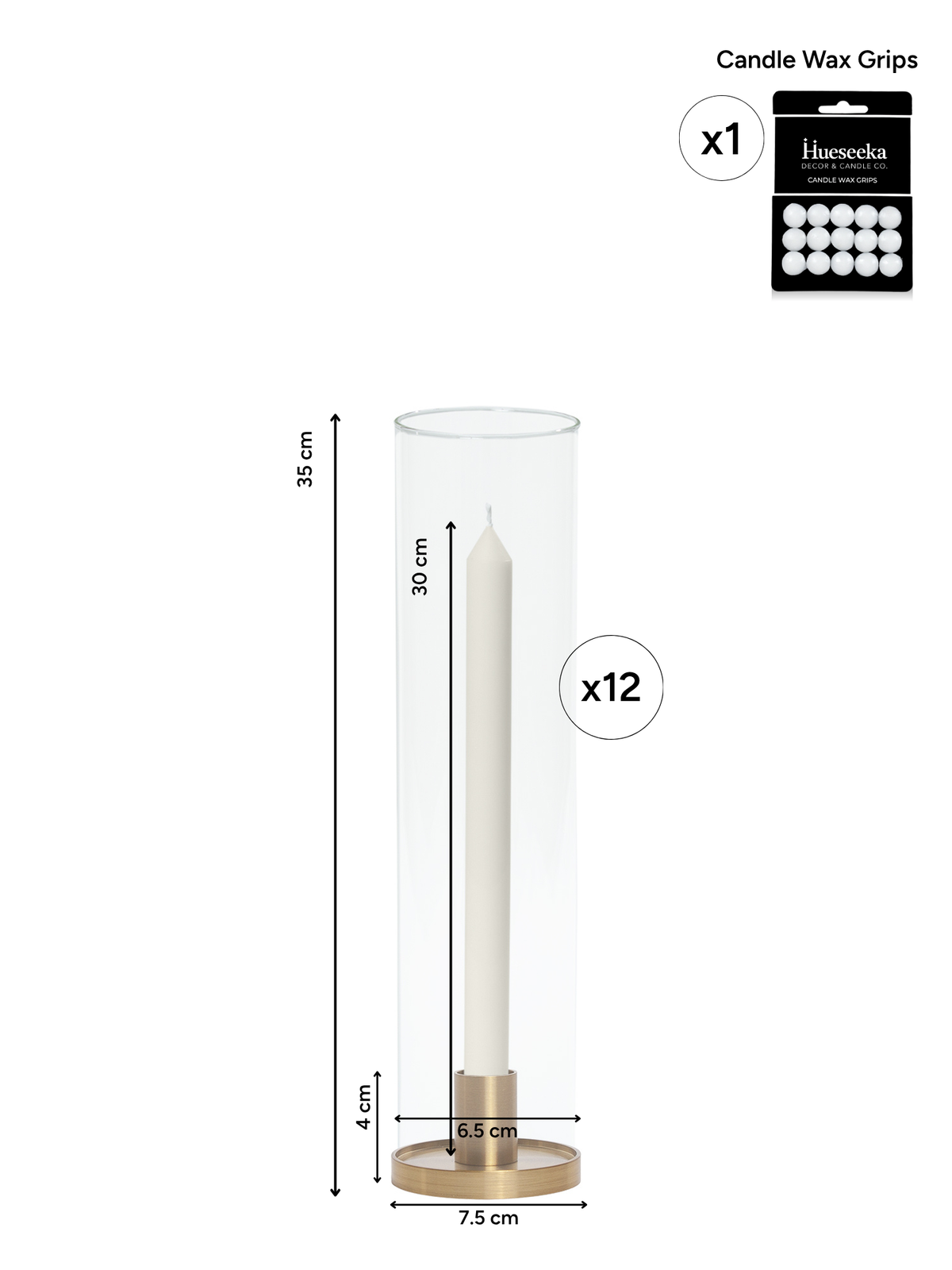Ivory 30cm Dinner Candles with Small Gold Maya Metal Holders and Glass Sleeves - Set of 12