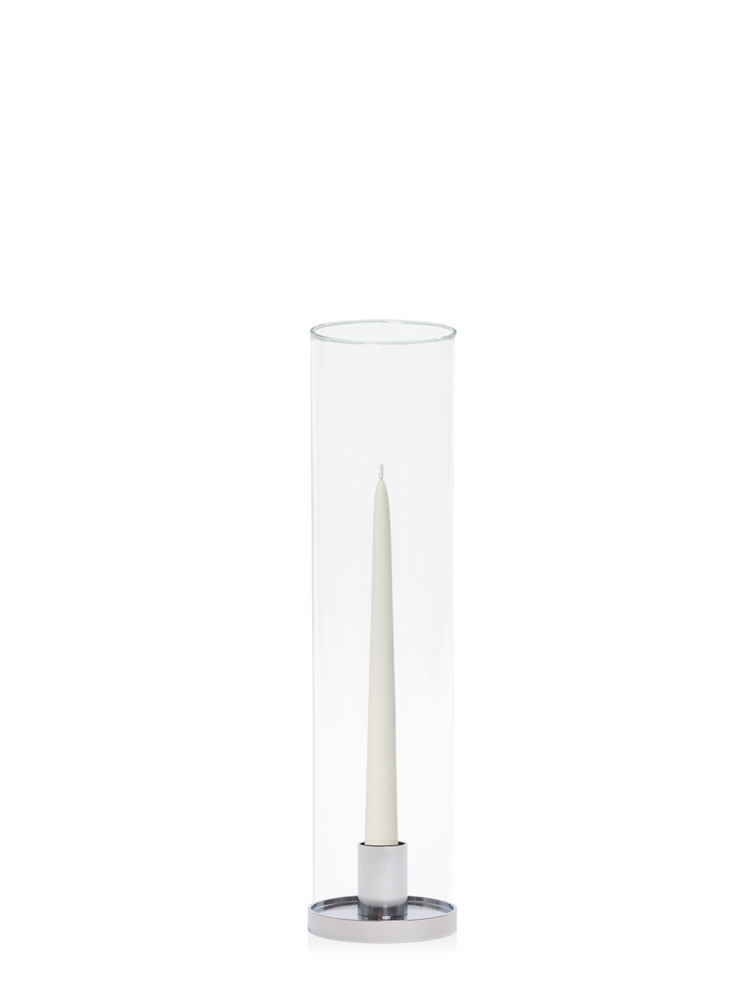 Ivory 25cm Taper Candles with Small Silver Maya Metal Holders and Glass Sleeves - Set of 12 Pack of 12