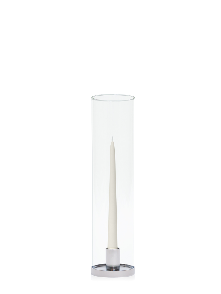 Ivory 25cm Taper Candles with Small Silver Maya Metal Holders and Glass Sleeves - Set of 12 Pack of 12