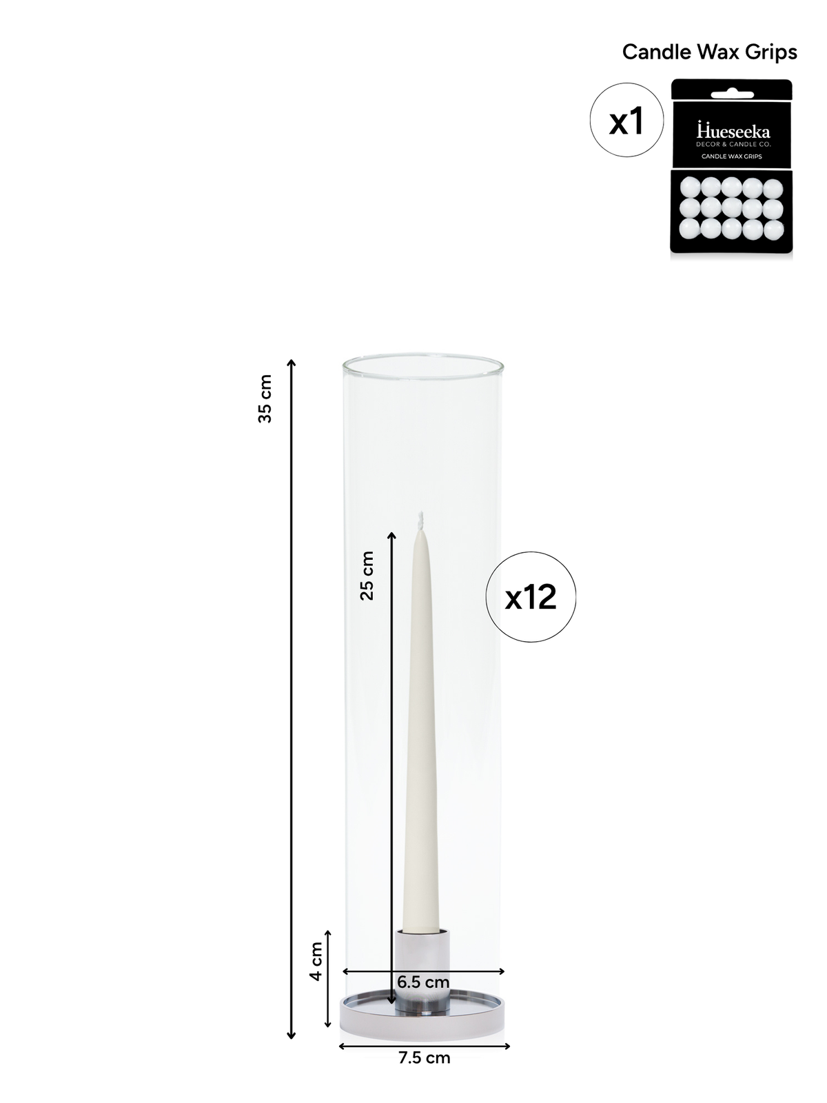 Ivory 25cm Taper Candles with Small Silver Maya Metal Holders and Glass Sleeves - Set of 12