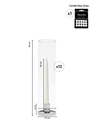 Ivory 25cm Taper Candles with Small Silver Maya Metal Holders and Glass Sleeves - Set of 12 Pack of 12