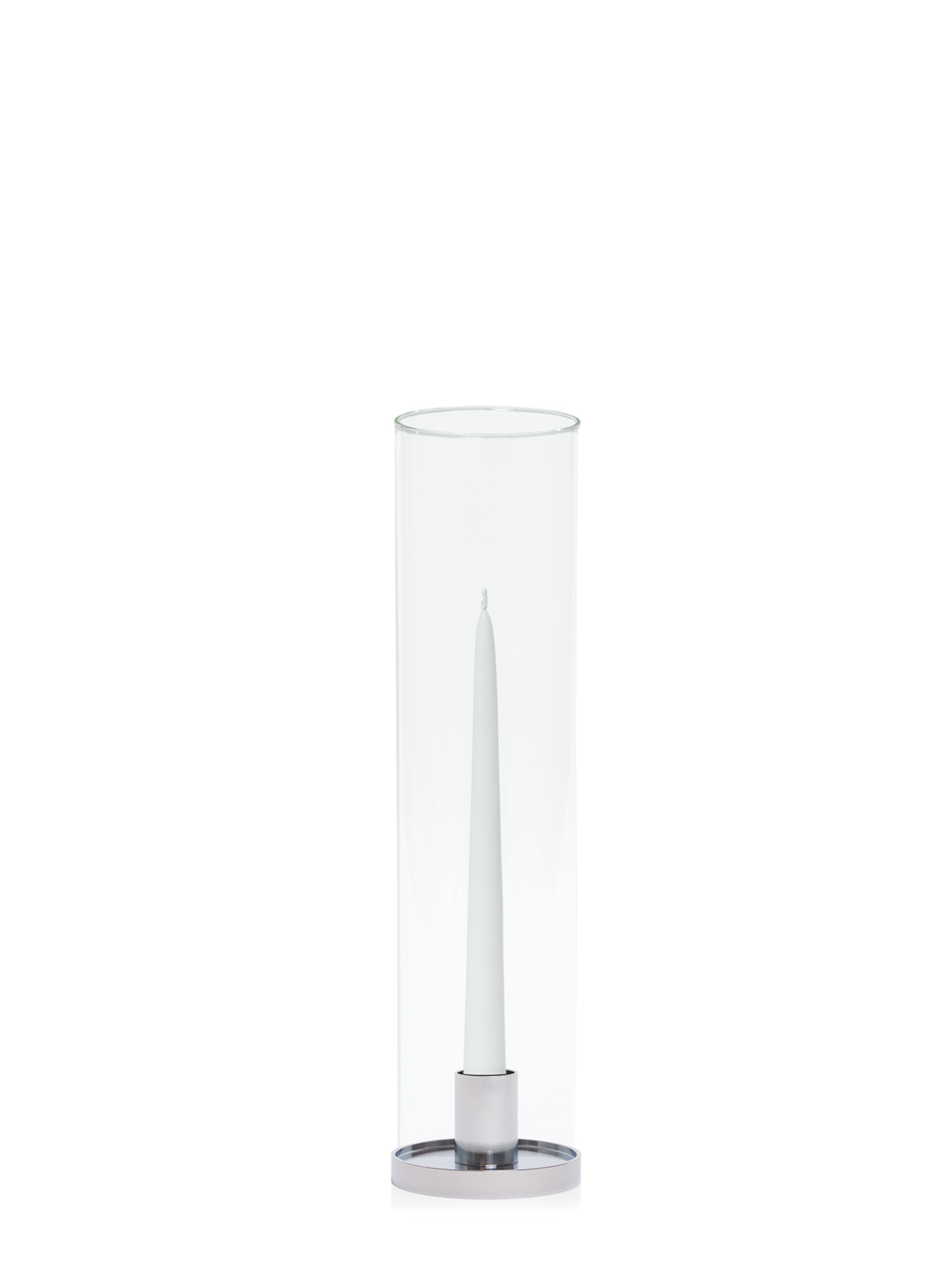 White 25cm Taper Candles with Silver Maya Metal Holders and Glass Sleeves - Set of 12 Pack of 12