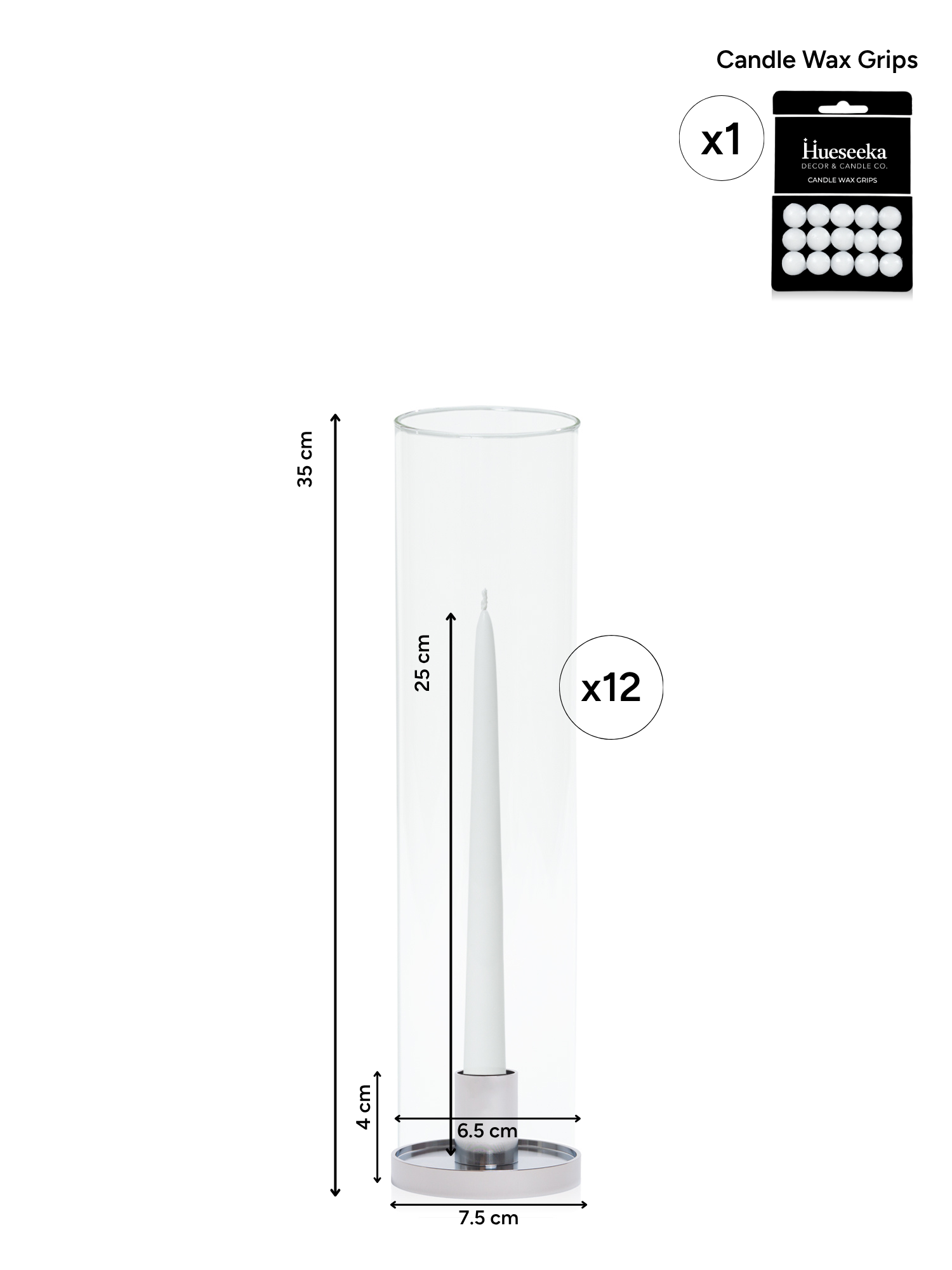 White 25cm Taper Candles with Silver Maya Metal Holders and Glass Sleeves - Set of 12 Pack of 12