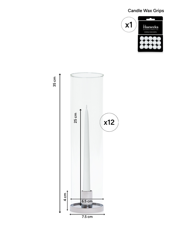White 25cm Taper Candles with Silver Maya Metal Holders and Glass Sleeves - Set of 12 Pack of 12