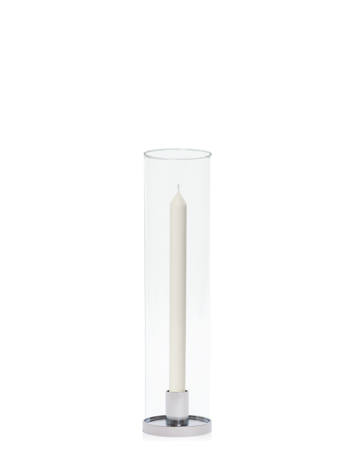 Ivory 30cm Dinner Candles with Small Silver Maya Metal Holders and Glass Sleeves - Set of 12 Pack of 12