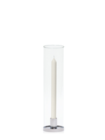 Ivory 30cm Dinner Candles with Small Silver Maya Metal Holders and Glass Sleeves - Set of 12