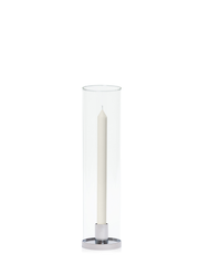Ivory 30cm Dinner Candles with Small Silver Maya Metal Holders and Glass Sleeves - Set of 12 Pack of 12