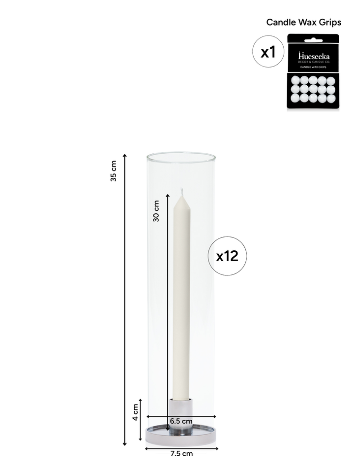Ivory 30cm Dinner Candles with Small Silver Maya Metal Holders and Glass Sleeves - Set of 12 Pack of 12