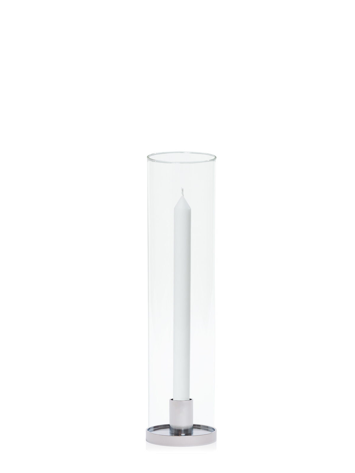 White 30cm Dinner Candles with Small Silver Maya Metal Holders and Glass Sleeves - Set of 12 Pack of 12