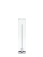 White 30cm Dinner Candles with Small Silver Maya Metal Holders and Glass Sleeves - Set of 12
