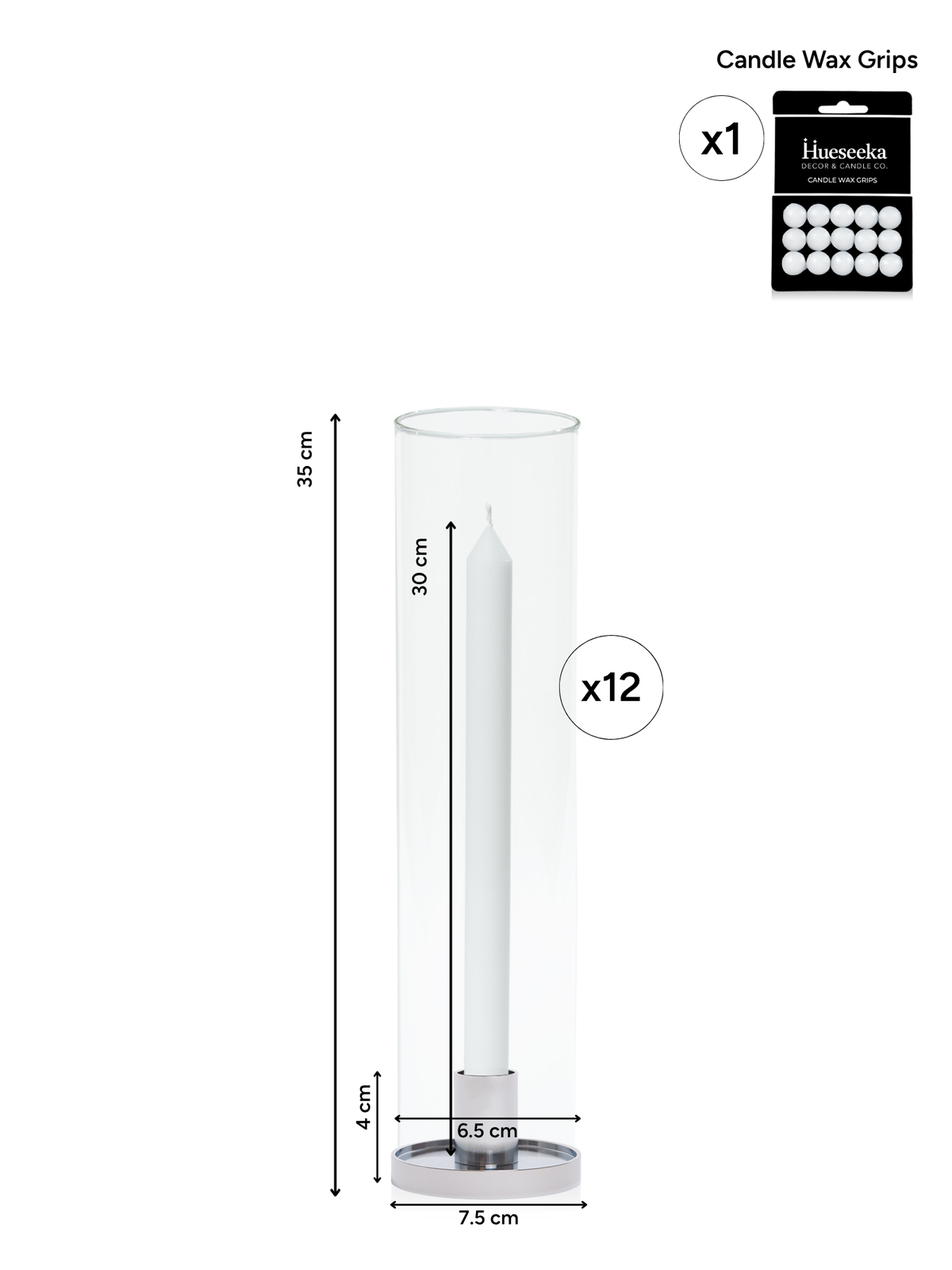 White 30cm Dinner Candles with Small Silver Maya Metal Holders and Glass Sleeves - Set of 12 Pack of 12