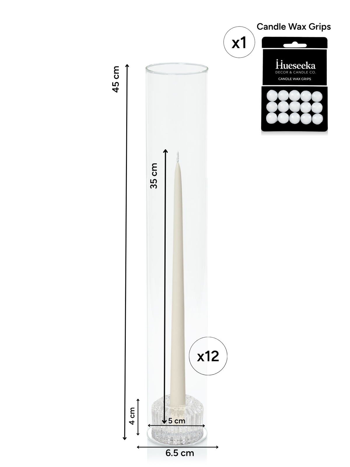 Ivory 35cm Taper Candles with Bella Vintage Glass Holders and Glass Sleeves - Set of 12 Pack of 12