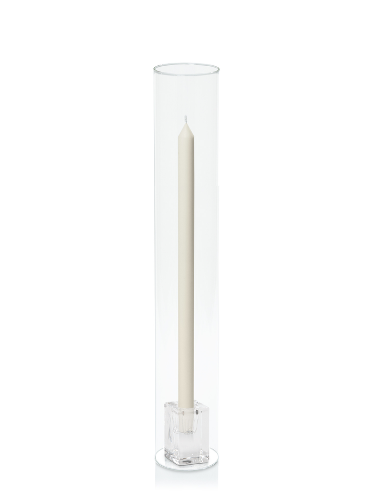 Ivory 40cm Dinner Candles with Glass Cube Holders and Glass Sleeves - Set of 12 Pack of 12