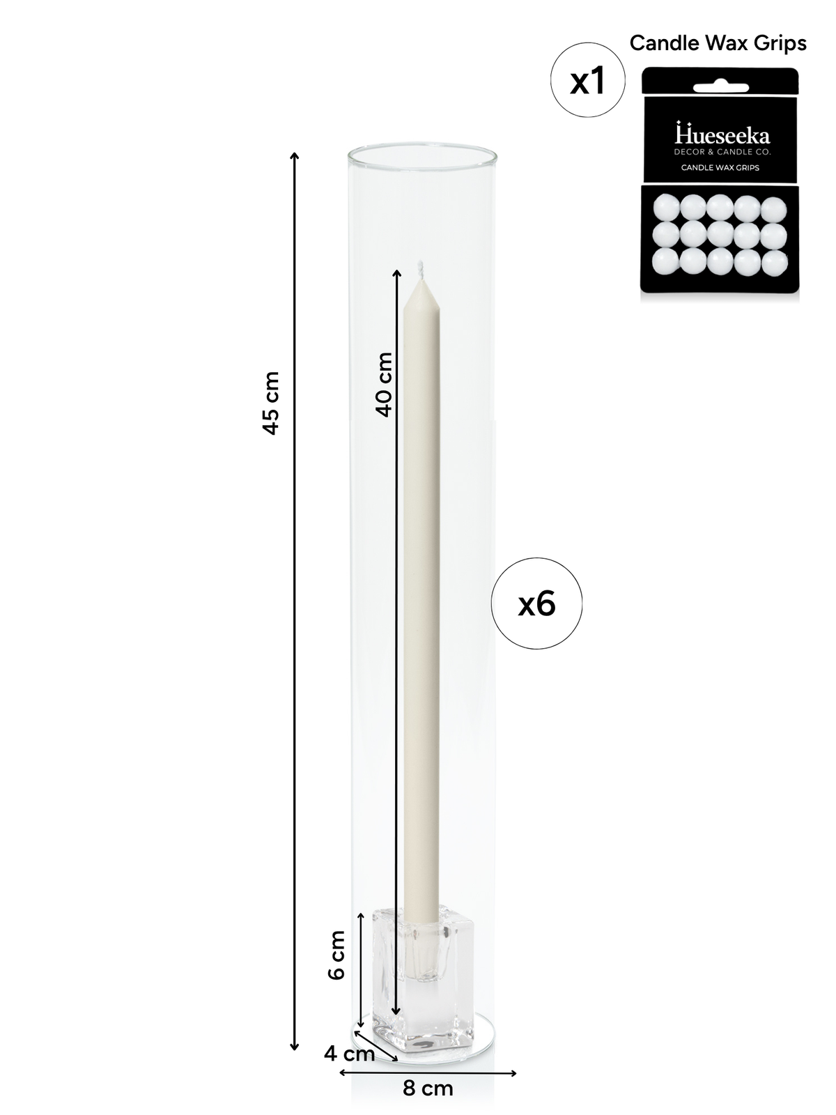 Ivory 40cm Dinner Candles with Glass Cube Holders and Glass Sleeves - Set of 12 Pack of 12