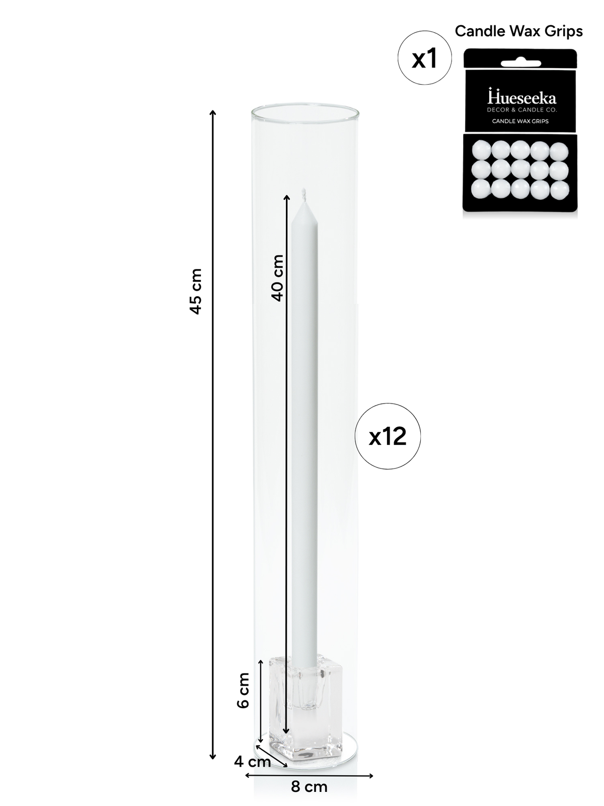 White 40cm Dinner Candles with Glass Cube Holders and Glass Sleeves - Set of 12